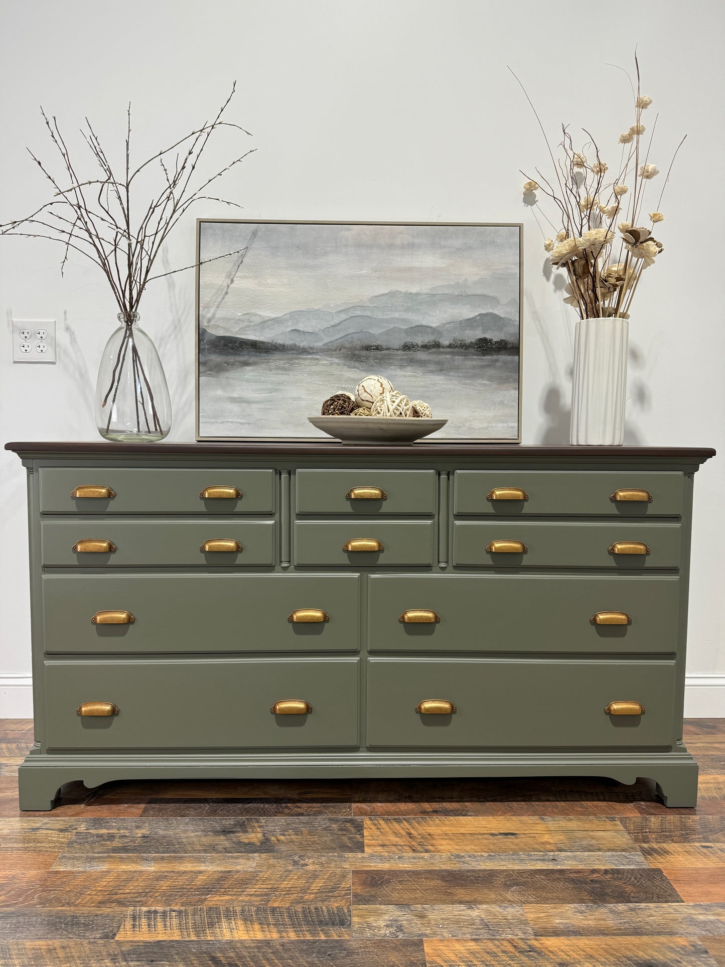 Olive Green 10 Drawer Long Dresser