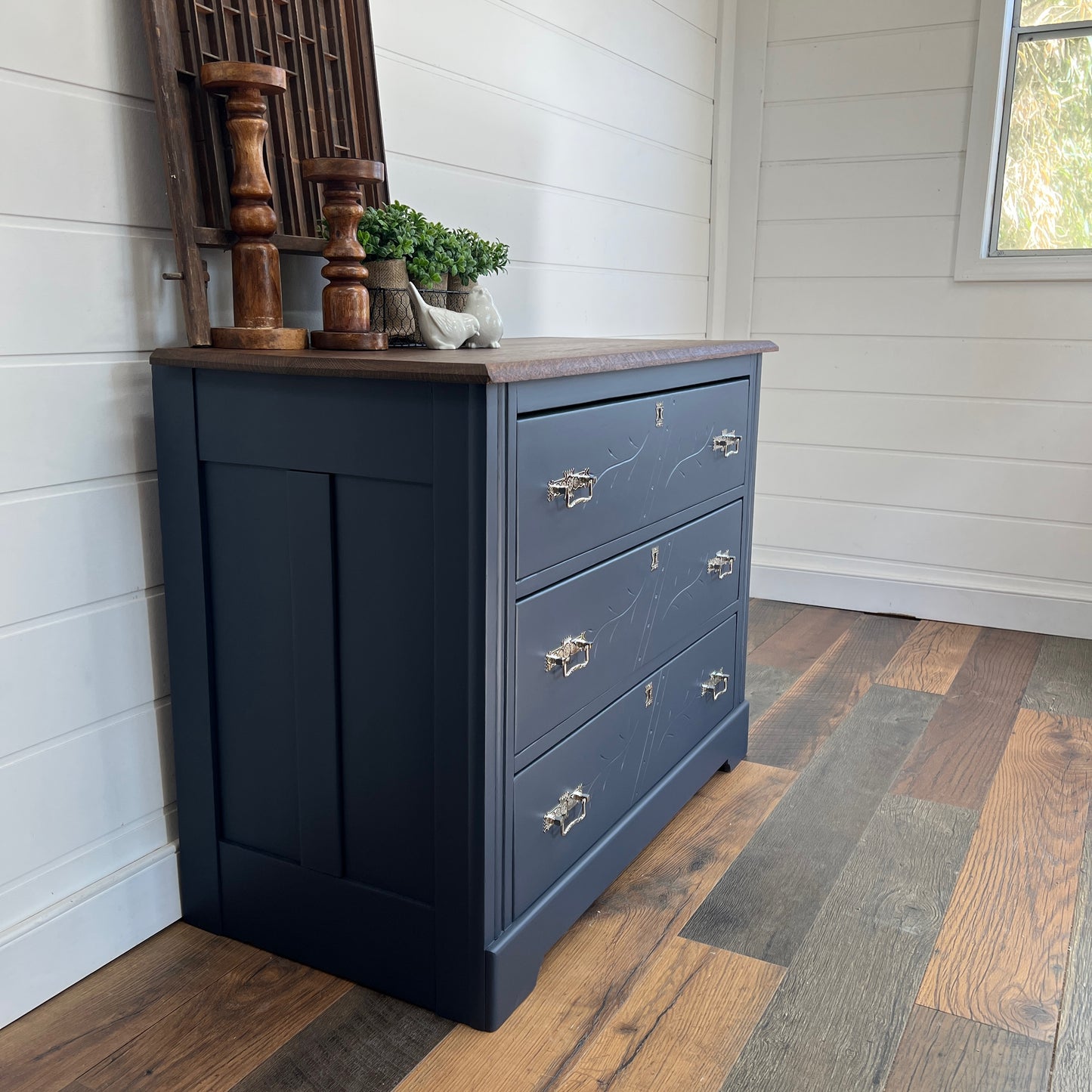 Antique Navy Blue Eastlake Oak Dresser