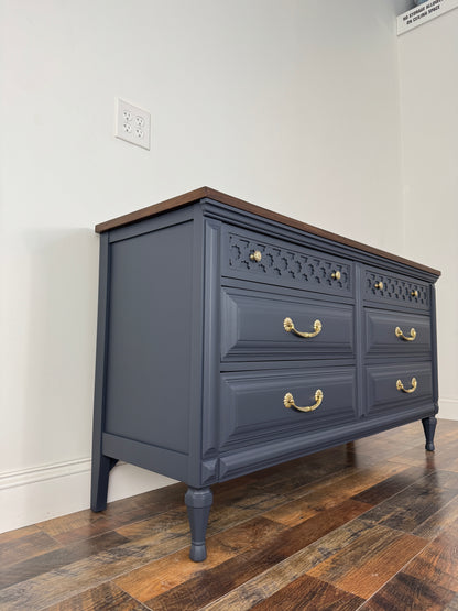 Vintage Kent Coffey Navy Blue Dresser with Walnut Top