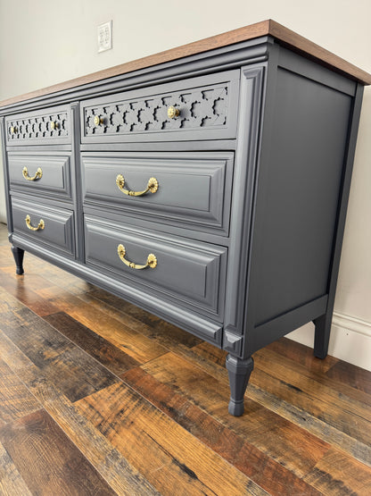 Vintage Kent Coffey Navy Blue Dresser with Walnut Top