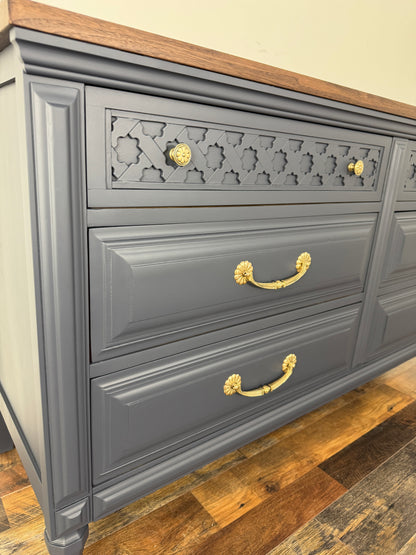Vintage Kent Coffey Navy Blue Dresser with Walnut Top