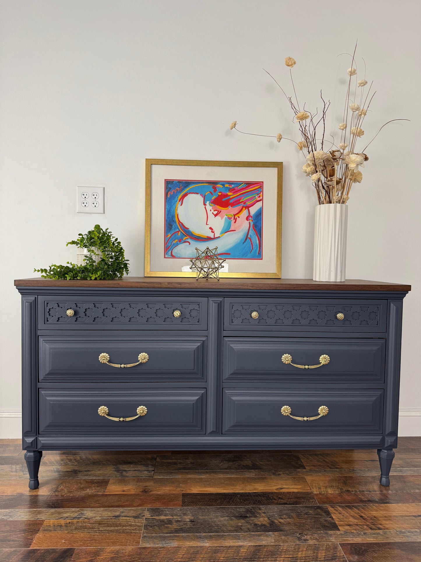 Vintage Kent Coffey Navy Blue Dresser with Walnut Top