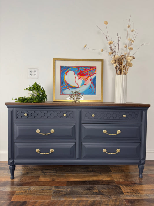 Vintage Kent Coffey Navy Blue Dresser with Walnut Top