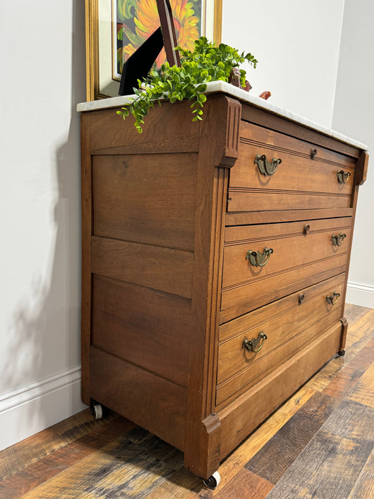 Antique Victorian Walnut Marble Top Dresser